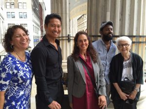 Panelists pose at the end of the event. From left, Fatima Shaik, Chris Soentpiet, Sharon Dennis Wyeth, Sean Qualls, Jeanette Winter.