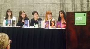 The Diversity in Historical Fiction panel at NCTE, from left, Tara Sim, me, Stacey Lee, Mackenzi Lee, and Padma Venkatraman. Photo by Katherine Perkins.