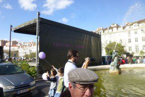 The struggle continues. Graffiti at the parade's end in Rossio Square reads, "Capitalism - 1; the 25th of April - 0.