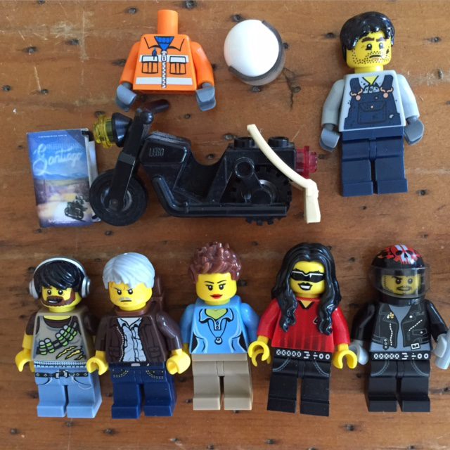 Characters from Surviving Santiago in LEGO. From bottom left, Ernesto, Papá, Tía Ileana, Tina, Frankie. Frankie's father is in the top row along with Frankie's motorcycle and delivery uniform.