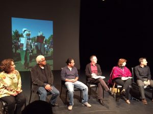 The panelists, from left, Susanna Reich, Raúl Colón, Duncan Tonatiuh, Manuel M. Martín-Rodríguez, Carmen Tafolla, Jesse Gainer.
