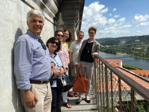 Our group on a balcony at the university, from left: Raimundo, Henriqueta, her teaching colleague Angela, me, Richard, Sandra. Photo by Regina de Oliveira Moraes..